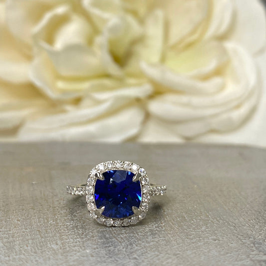 Cushion Cut Blue Sapphire Diamond Halo Engagement Ring White Gold Unique Blue Sapphire Halo Promise Wedding Anniversary Ladies Ring #6799