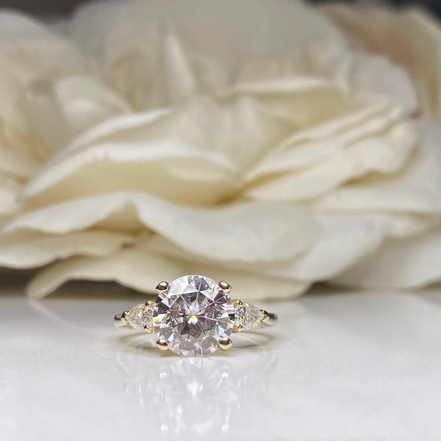 Round Cut Moissanite Engagement Ring, April Birthstone Ring, Three Stone Engagement Ring, Ladies Wedding Ring, Infinity Jewelers USA #6671