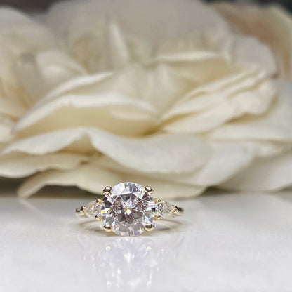 Round Cut Moissanite Engagement Ring, April Birthstone Ring, Three Stone Engagement Ring, Ladies Wedding Ring, Infinity Jewelers USA #6671