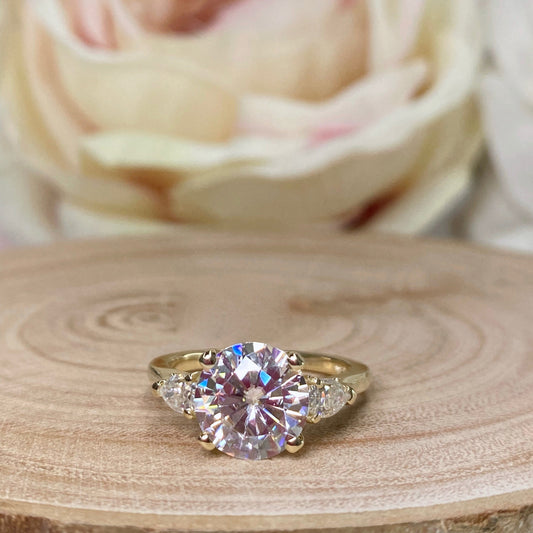 Round Cut Moissanite Engagement Ring, April Birthstone Ring, Three Stone Engagement Ring, Ladies Wedding Ring, Infinity Jewelers USA #6671