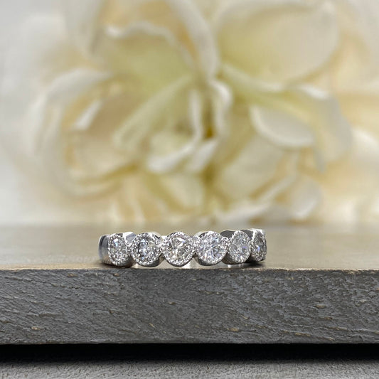Diamond Wedding Band For Women 14K White Gold, Seven Stone Bezel Set Halo Diamond Wedding Bands, Unique Diamond Stacking Wedding Bands #4293
