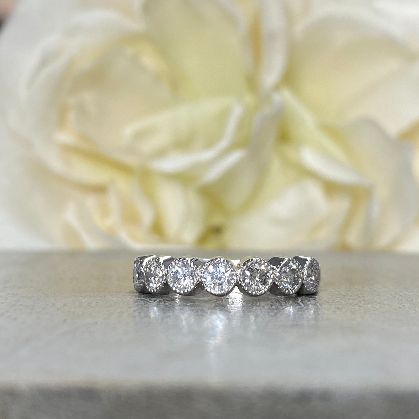Diamond Wedding Band For Women 14K White Gold, Seven Stone Bezel Set Halo Diamond Wedding Bands, Unique Diamond Stacking Wedding Bands #4293