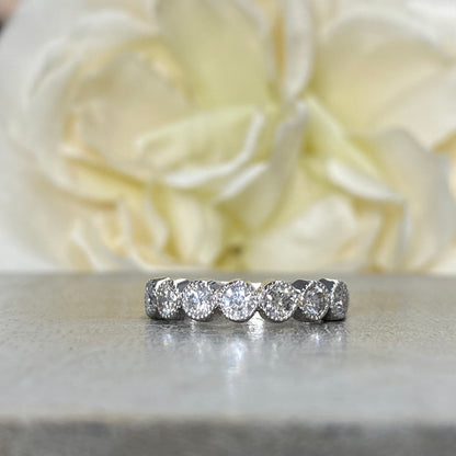 Diamond Wedding Band For Women 14K White Gold, Seven Stone Bezel Set Halo Diamond Wedding Bands, Unique Diamond Stacking Wedding Bands #4293