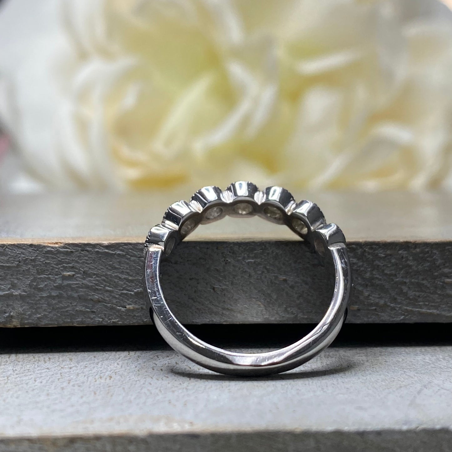 Diamond Wedding Band For Women 14K White Gold, Seven Stone Bezel Set Halo Diamond Wedding Bands, Unique Diamond Stacking Wedding Bands #4293
