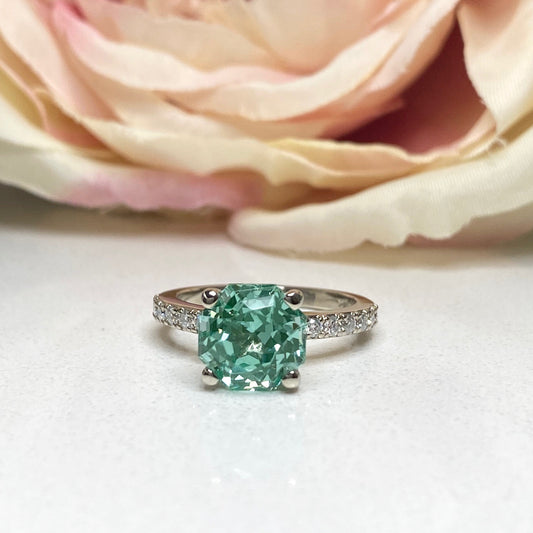 Green Paraiba Tourmaline Engagement Rings 14k Solid White Gold,  Unique Round Cut Solitaire Engagement Ring For Women, Green Stone Ring 7220
