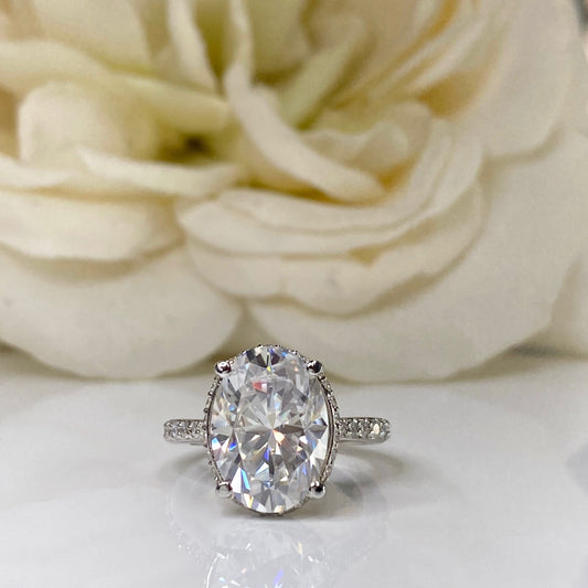 Oval Moissanite Engagement Ring 14k White Gold, Hidden Halo Solitaire Oval Ring, Moissanite Engagement Ring, Oval Wedding Ring Women 7224