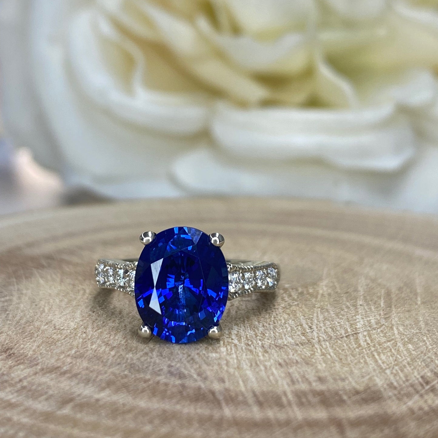 Oval Blue Sapphire Engagement Ring White Gold, Blue Sapphire Solitaire Ring For Women, Unique Vintage Oval Sapphire Engagement Rings, #7225
