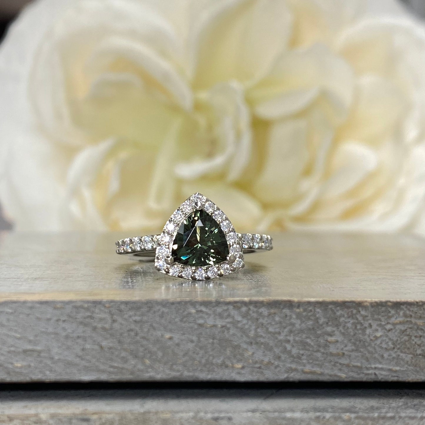 Green Sapphire Engagement Ring 14K White Gold Trillion Green Sapphire Moissanite Halo Engagement Ring For Women, Unique Sapphire Ring, #7235