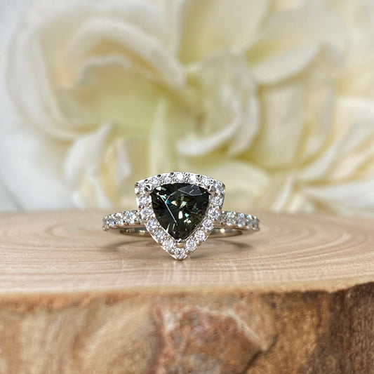 Green Sapphire Engagement Ring 14K White Gold Trillion Green Sapphire Moissanite Halo Engagement Ring For Women, Unique Sapphire Ring, #7235