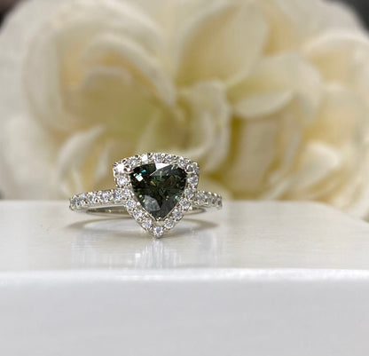 Green Sapphire Engagement Ring 14K White Gold Trillion Green Sapphire Moissanite Halo Engagement Ring For Women, Unique Sapphire Ring, #7235