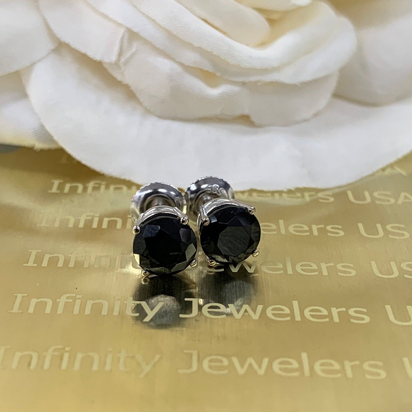 Black Spinel Stud Earrings 14K Solid White Gold Unisex Earrings, Round Spinel Stud Earrings Screw Backs, Black Stud Earrings For Men
