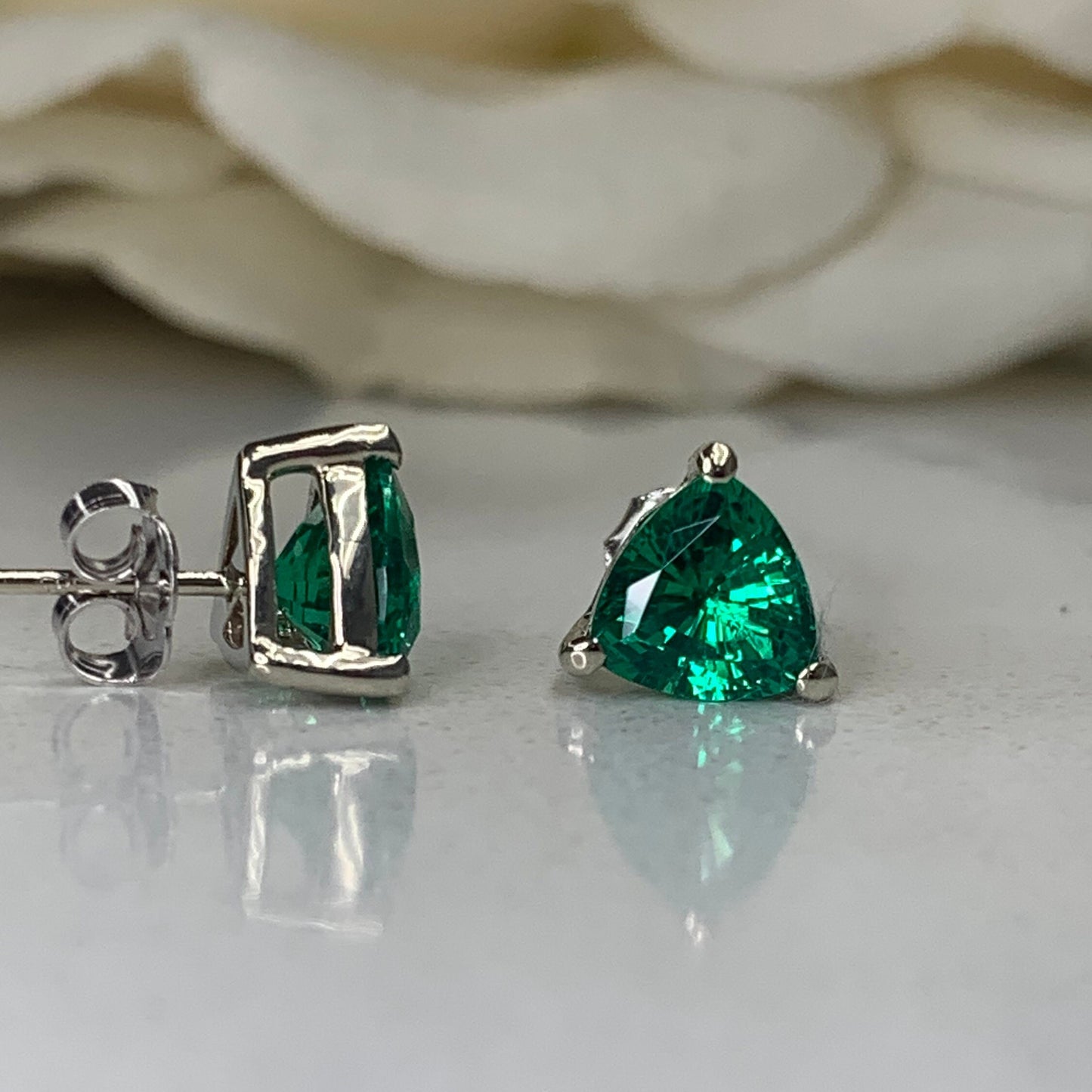 Trillion Shape Emerald  Stud Earrings 14K White Gold, Triangle Shape Stud Earrings Unisex Holiday Earrings Simple Emerald Stud Earrings 7240