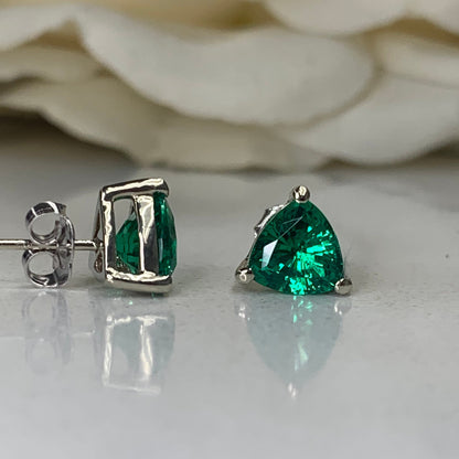 Trillion Shape Emerald  Stud Earrings 14K White Gold, Triangle Shape Stud Earrings Unisex Holiday Earrings Simple Emerald Stud Earrings 7240