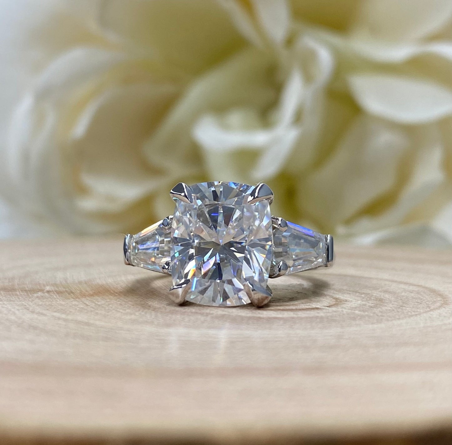 Certified Moissanite Elongated Cushion Cut Engagement Ring With Trapezoid Sides In 14K White Gold