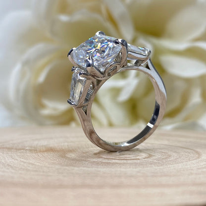 Certified Moissanite Elongated Cushion Cut Engagement Ring With Trapezoid Sides In 14K White Gold