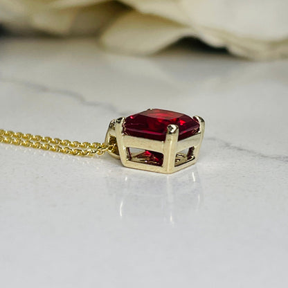 Radiant Cut Ruby And Diamond Pendant Necklace, 14k Yellow Gold Ruby and Diamond Necklace, July Birthstone Pendant Necklace For Ladies  #6337