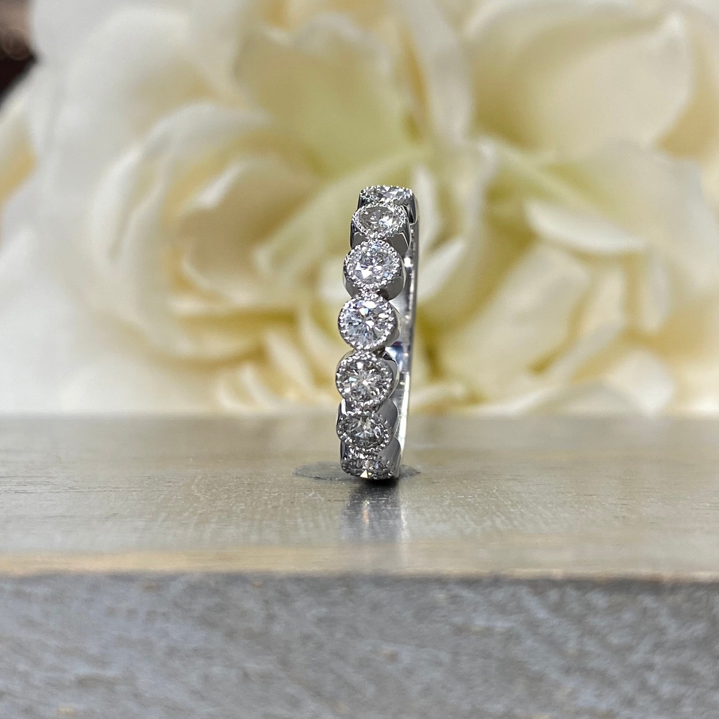 Diamond Wedding Band For Women 14K White Gold, Seven Stone Bezel Set Halo Diamond Wedding Bands, Unique Diamond Stacking Wedding Bands #4293