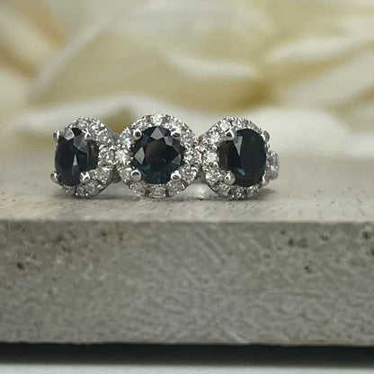 Natural Sapphire Three Stone Engagement Ring 14K Solid White Gold, Diamond Halo and Sapphire Wedding Ring, Genuine Sapphire Three Stone Ring