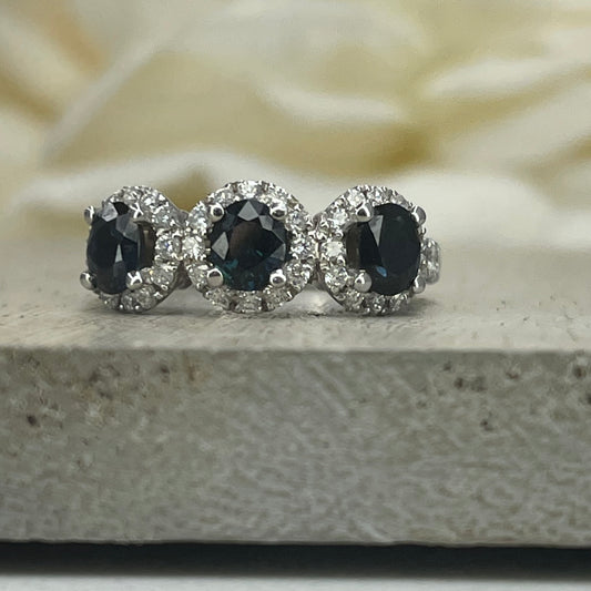 Natural Sapphire Three Stone Engagement Ring 14K Solid White Gold, Diamond Halo and Sapphire Wedding Ring, Genuine Sapphire Three Stone Ring