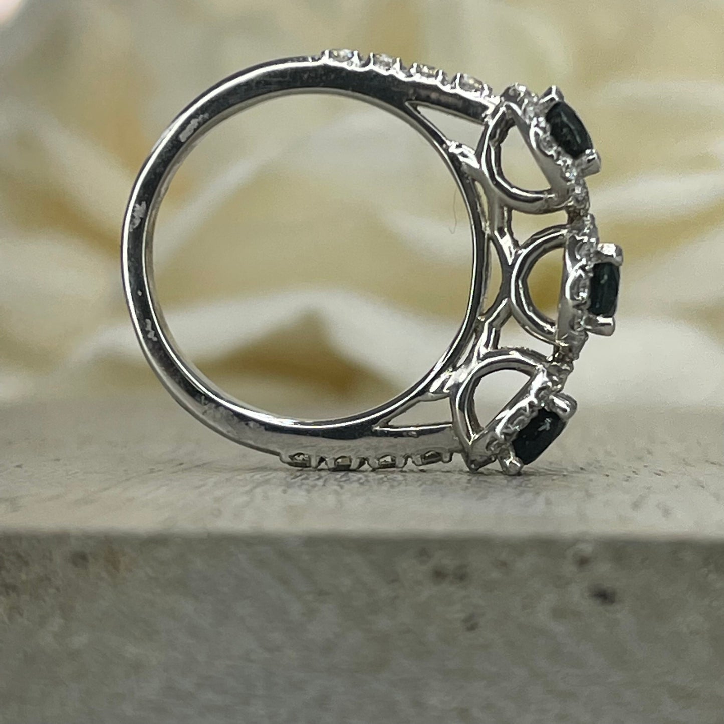 Natural Sapphire Three Stone Engagement Ring 14K Solid White Gold, Diamond Halo and Sapphire Wedding Ring, Genuine Sapphire Three Stone Ring