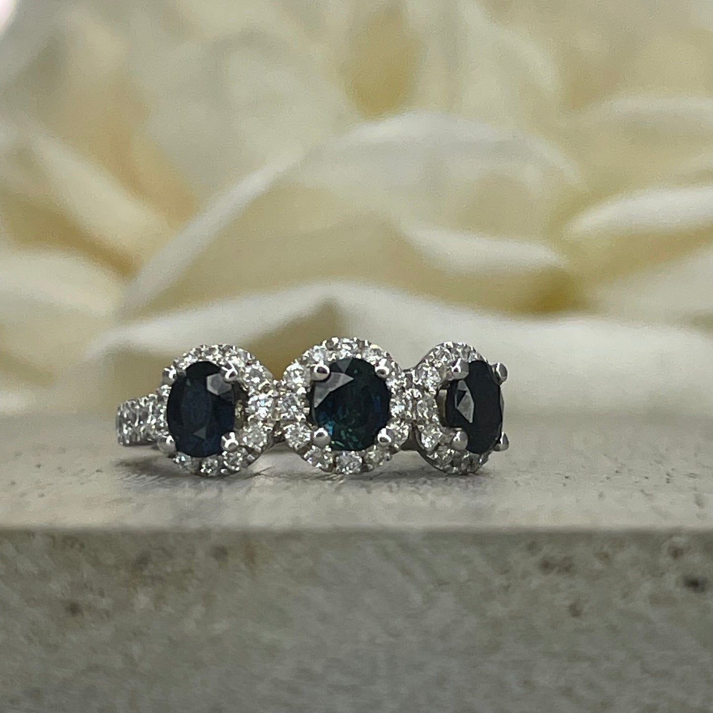 Natural Sapphire Three Stone Engagement Ring 14K Solid White Gold, Diamond Halo and Sapphire Wedding Ring, Genuine Sapphire Three Stone Ring