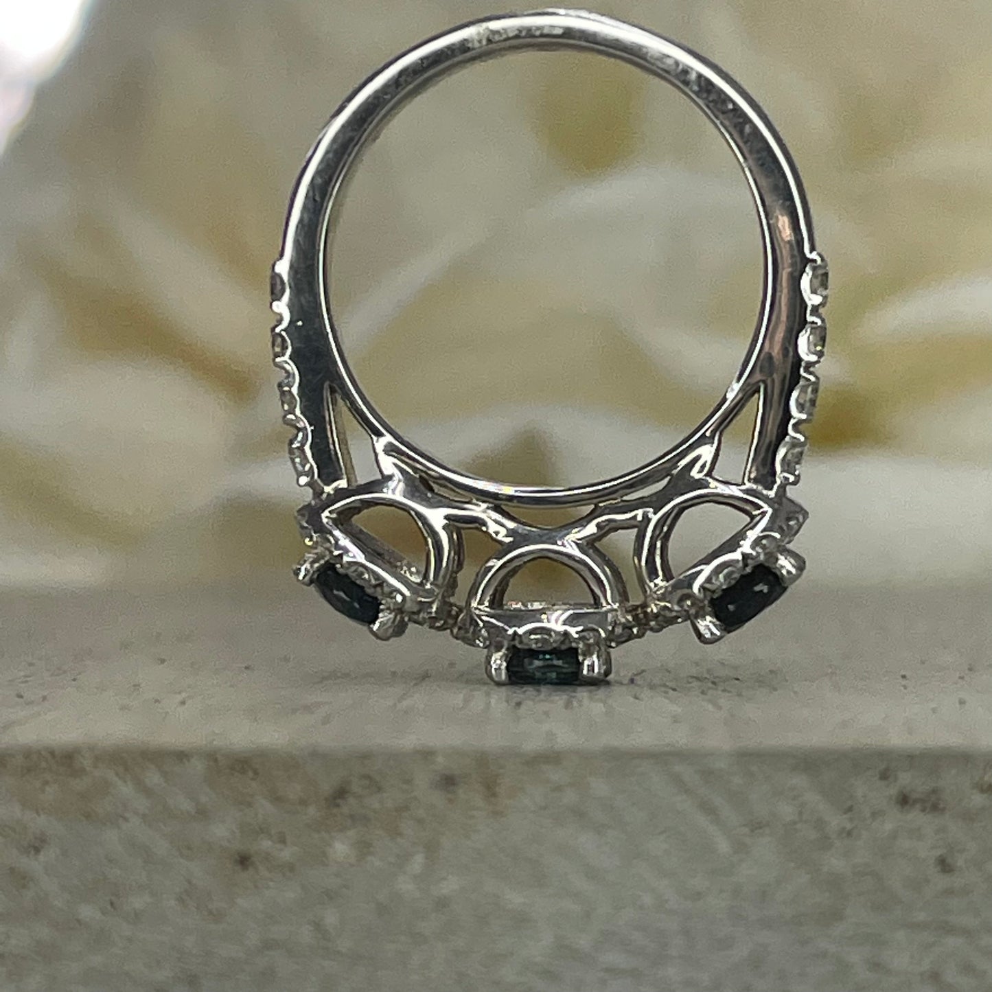 Natural Sapphire Three Stone Engagement Ring 14K Solid White Gold, Diamond Halo and Sapphire Wedding Ring, Genuine Sapphire Three Stone Ring