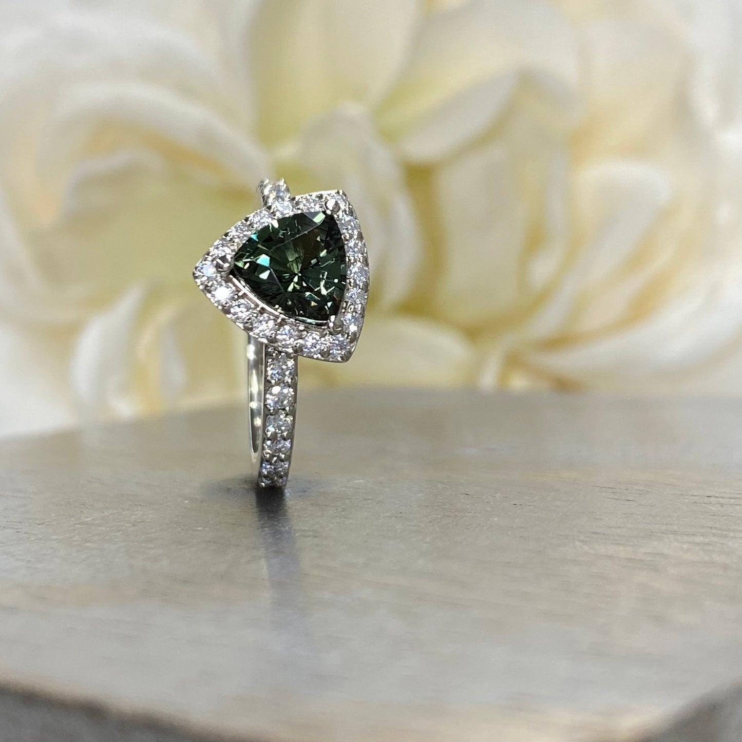 Green Sapphire Engagement Ring 14K White Gold Trillion Green Sapphire Moissanite Halo Engagement Ring For Women, Unique Sapphire Ring, #7235