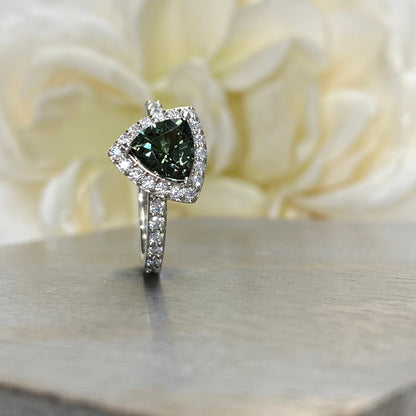 Green Sapphire Engagement Ring 14K White Gold Trillion Green Sapphire Moissanite Halo Engagement Ring For Women, Unique Sapphire Ring, #7235