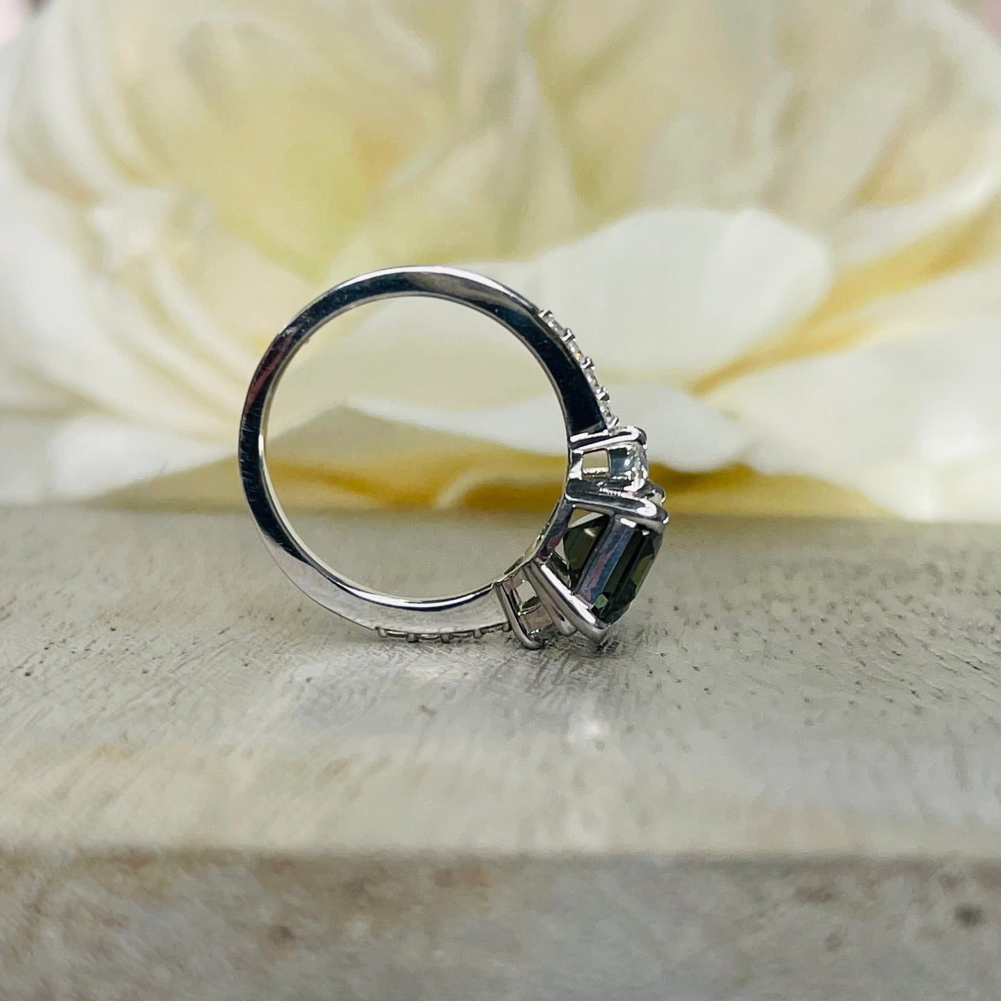 Olive Green Sapphire Engagement Ring 14K White Gold, Emerald Cut Green Sapphire With Moissanite Engagement Rings, Vintage Wedding Ring #7242