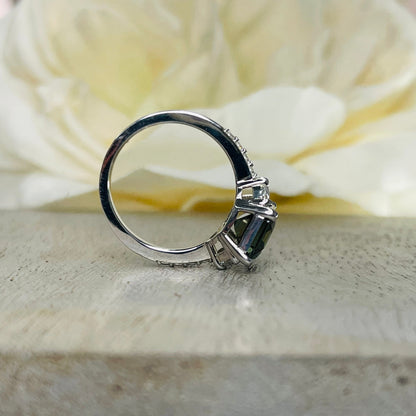 Olive Green Sapphire Engagement Ring 14K White Gold, Emerald Cut Green Sapphire With Moissanite Engagement Rings, Vintage Wedding Ring #7242