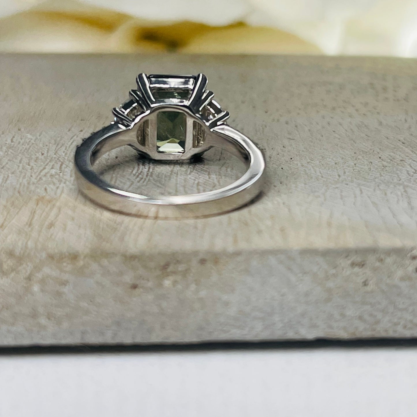 Olive Green Sapphire Engagement Ring 14K White Gold, Emerald Cut Green Sapphire With Moissanite Engagement Rings, Vintage Wedding Ring #7242