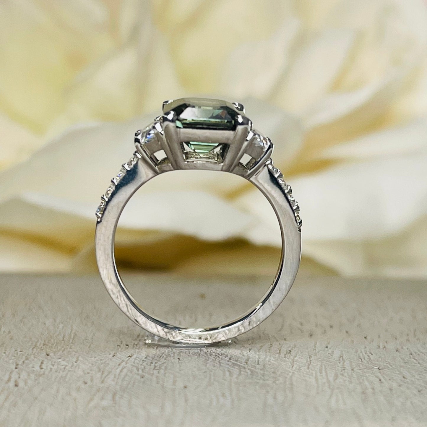 Olive Green Sapphire Engagement Ring 14K White Gold, Emerald Cut Green Sapphire With Moissanite Engagement Rings, Vintage Wedding Ring #7242