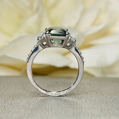 Olive Green Sapphire Engagement Ring 14K White Gold, Emerald Cut Green Sapphire With Moissanite Engagement Rings, Vintage Wedding Ring #7242