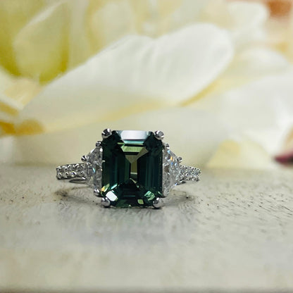 Olive Green Sapphire Engagement Ring 14K White Gold, Emerald Cut Green Sapphire With Moissanite Engagement Rings, Vintage Wedding Ring #7242