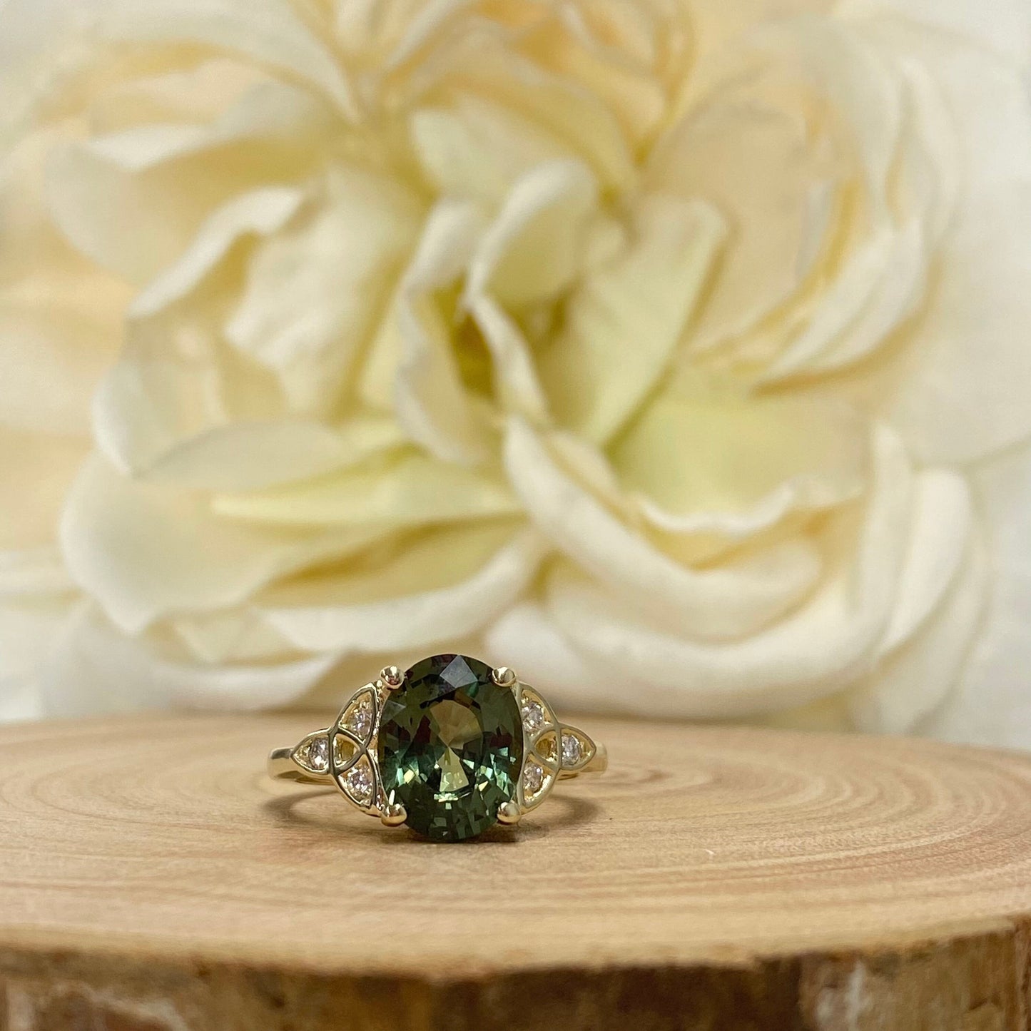 Oval Olive Green Sapphire Engagement Ring 14K Yellow Gold Unique Vintage Olive Green Sapphire Engagement Rings, Green Sapphire Ring ,  #7243