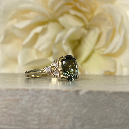 Oval Olive Green Sapphire Engagement Ring 14K Yellow Gold Unique Vintage Olive Green Sapphire Engagement Rings, Green Sapphire Ring ,  #7243