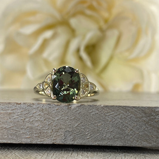 Oval Olive Green Sapphire Engagement Ring 14K Yellow Gold Unique Vintage Olive Green Sapphire Engagement Rings, Green Sapphire Ring ,  #7243