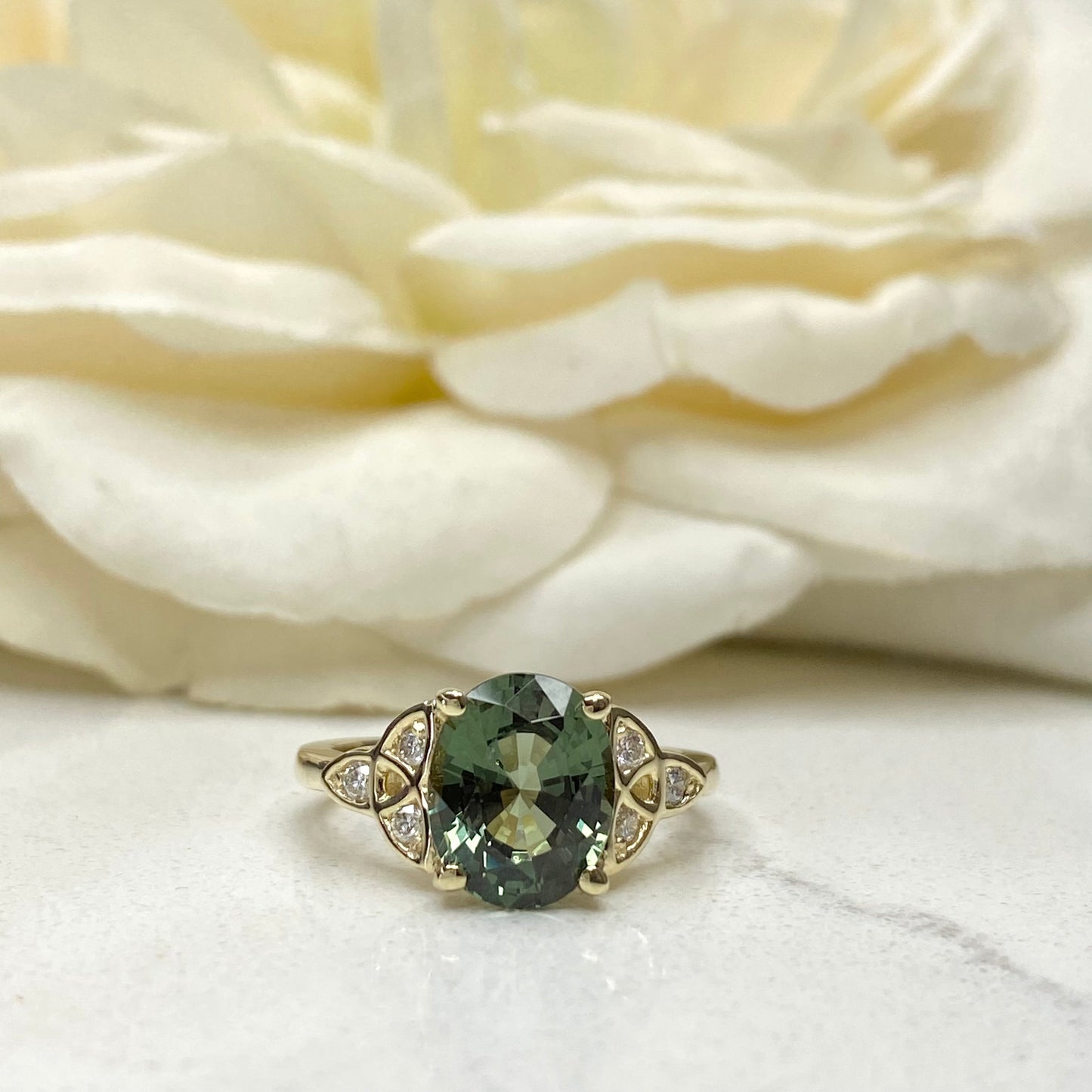 Oval Olive Green Sapphire Engagement Ring 14K Yellow Gold Unique Vintage Olive Green Sapphire Engagement Rings, Green Sapphire Ring ,  #7243