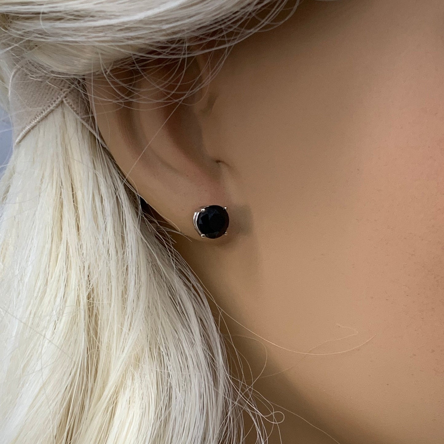 Black Spinel Stud Earrings 14K Solid White Gold Unisex Earrings, Round Spinel Stud Earrings Screw Backs, Black Stud Earrings For Men