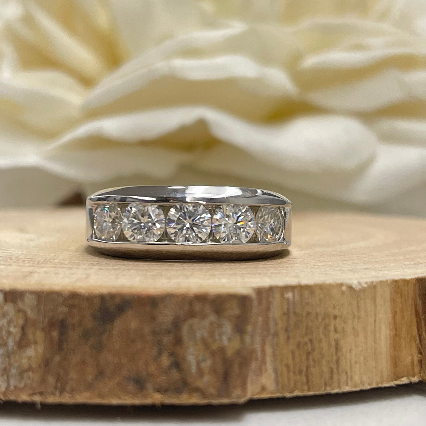Moissanite Wedding Band For Men 14K White Gold , Mens Thumb Ring , Five Stone Mens Moissanite Wedding Band Unique Mens Engagement Ring #7253