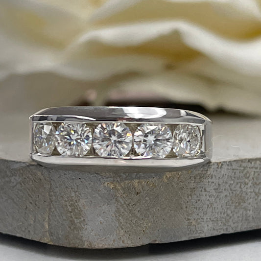 Moissanite Wedding Band For Men 14K White Gold , Mens Thumb Ring , Five Stone Mens Moissanite Wedding Band Unique Mens Engagement Ring #7253