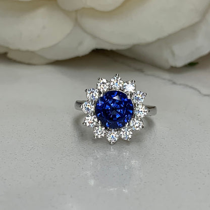 Blue Sapphire Engagement Ring 14K White Gold , Moissanite Halo Sapphire Engagement Ring Unique Blue Sapphire and Moissanite Halo Ring
