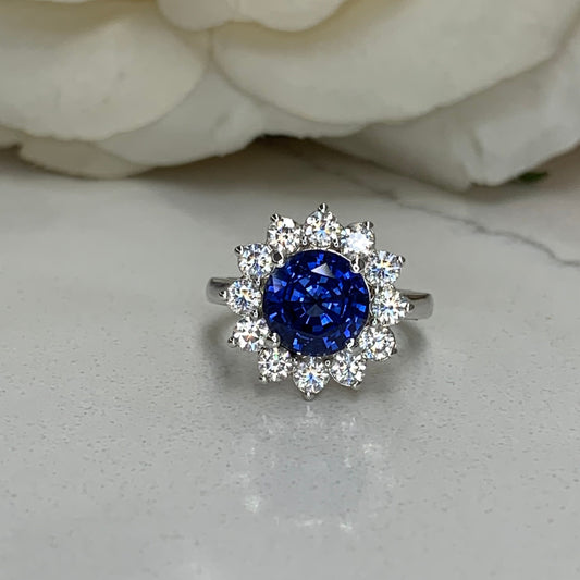 Blue Sapphire Engagement Ring 14K White Gold , Moissanite Halo Sapphire Engagement Ring Unique Blue Sapphire and Moissanite Halo Ring