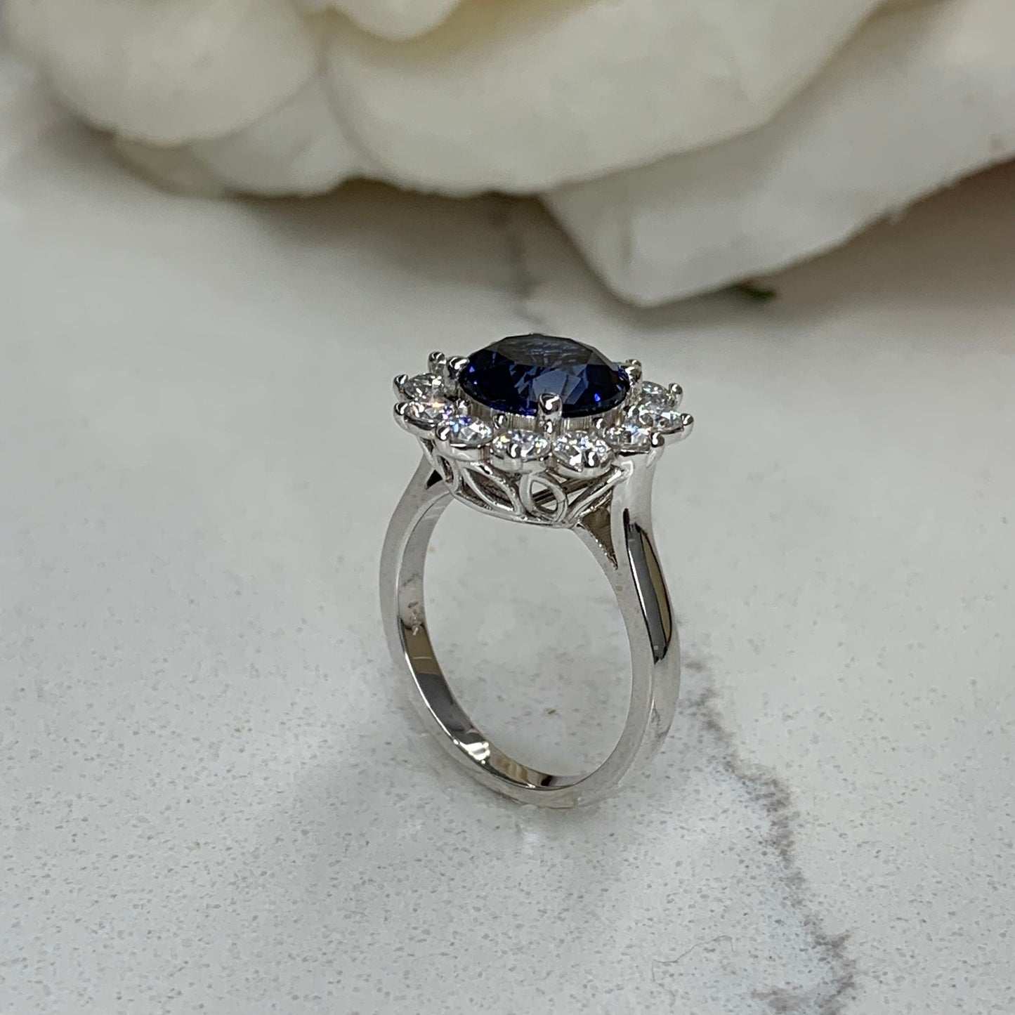 Blue Sapphire Engagement Ring 14K White Gold , Moissanite Halo Sapphire Engagement Ring Unique Blue Sapphire and Moissanite Halo Ring