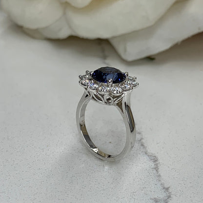 Blue Sapphire Engagement Ring 14K White Gold , Moissanite Halo Sapphire Engagement Ring Unique Blue Sapphire and Moissanite Halo Ring
