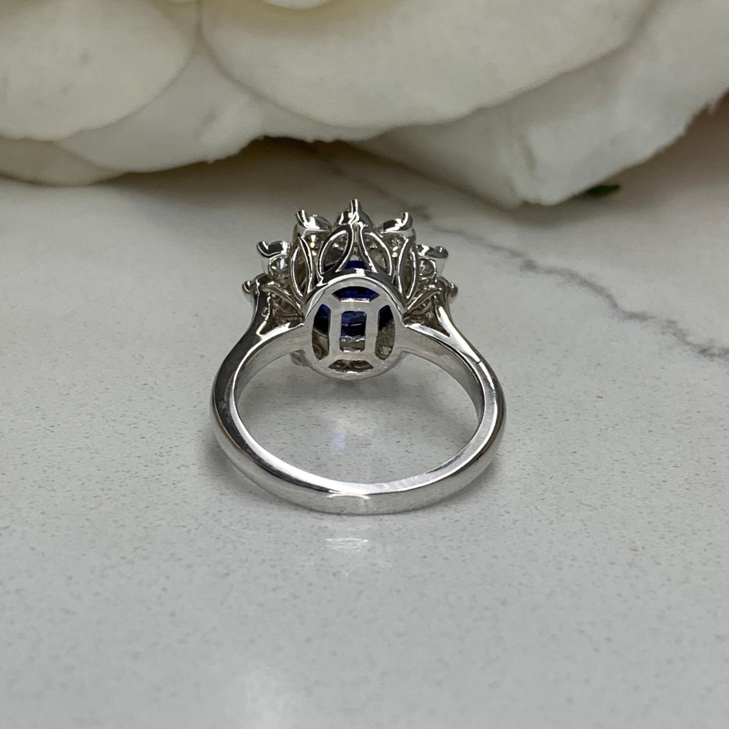 Blue Sapphire Engagement Ring 14K White Gold , Moissanite Halo Sapphire Engagement Ring Unique Blue Sapphire and Moissanite Halo Ring