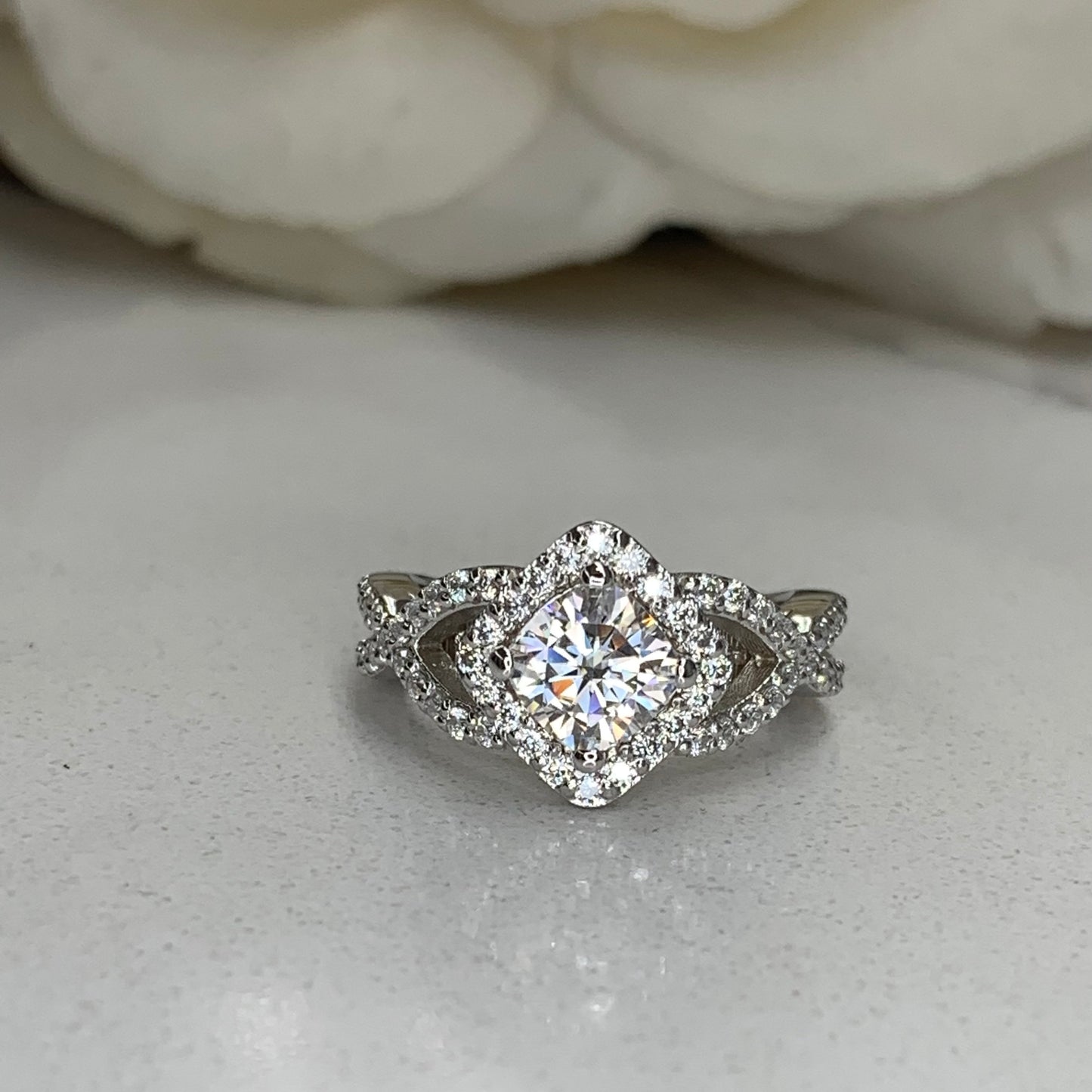 Cushion Cut Moissanite Engagement Ring 14K White Gold , Infinity Band Moissanite Ring , Unique Vintage Cushion Cut Engagement Rings ,  #7255