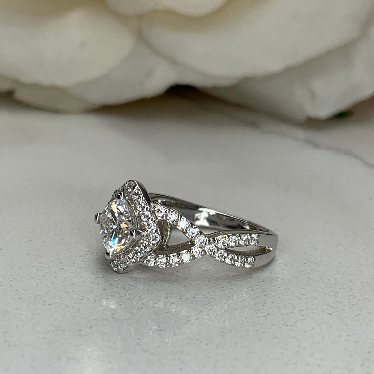 Cushion Cut Moissanite Engagement Ring 14K White Gold , Infinity Band Moissanite Ring , Unique Vintage Cushion Cut Engagement Rings ,  #7255