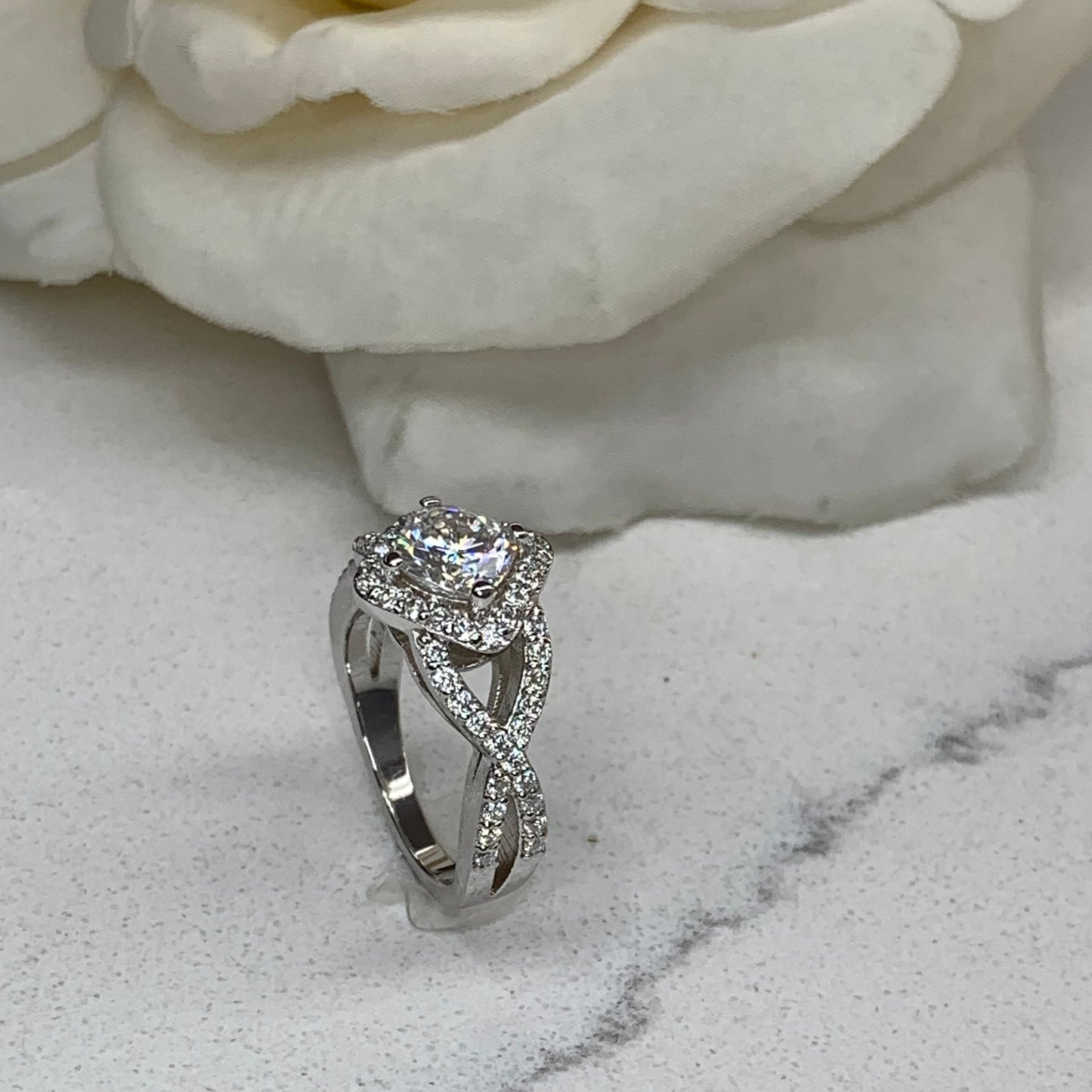Cushion Cut Moissanite Engagement Ring 14K White Gold , Infinity Band Moissanite Ring , Unique Vintage Cushion Cut Engagement Rings ,  #7255