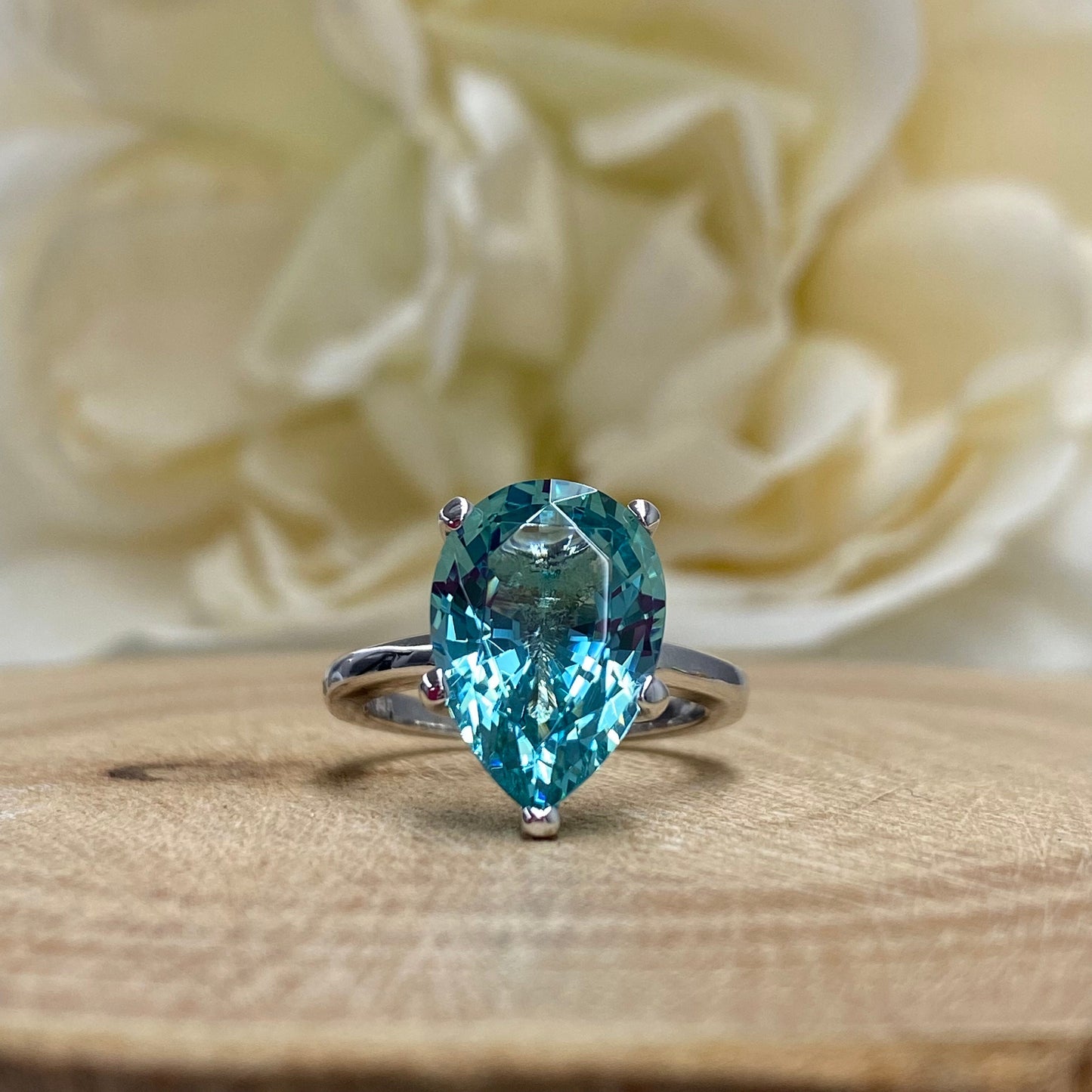 Neon Blue Paraiba Engagement Ring / Pear Shape Solitaire  / Paraiba Wedding Ring / 14k White Gold / #6418